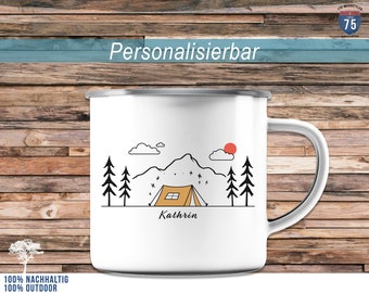 Emaille-Tasse "Zelten" |  Personalisierbar | Langlebig - Nachhaltig - Hochfester Fotodruck - Outdoor & Naturliebhaber - Geschenkidee