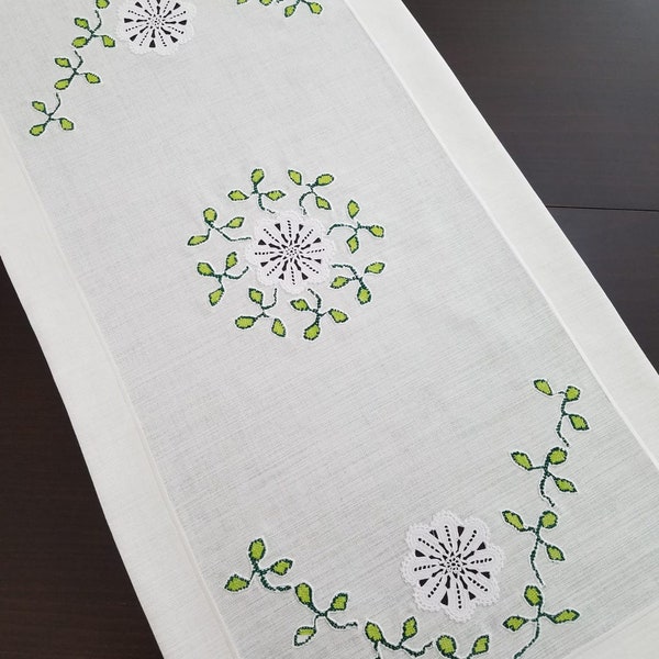 Handmade Lace and Cross Stitch Linen Fabric Table Runner, Vintage Table Runner, Wedding Gift, Turkish Table Runner