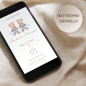 TEMPLATE invito battesimo GEMELLI MASCHI, invito battesimo digitale per gemelli, personalizzabile, bambini, twins, twinboys, whatsapp, email