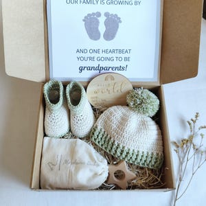 Gender Reveal Gift Box: Crochet Booties & Hat, Pregnancy Announcement