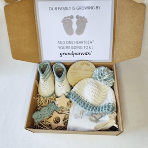 Grandparents Pregnancy Announcement Gift Box: Crochet Hat & Booties