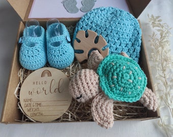 Grandparents announcement gift box with beanie and baby shoes, Parents pregnancy reveal beanie and booty basket, Gender neutral plush toy