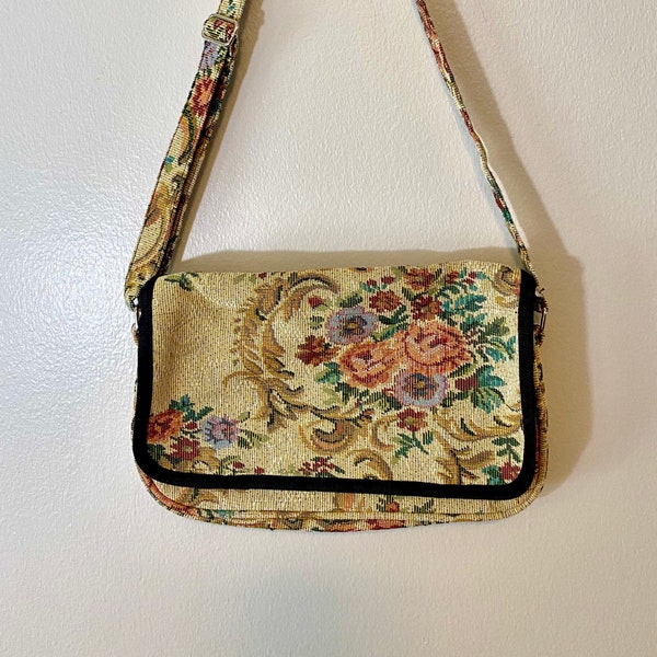 Vintage Tapestry Purse - Crossbody Shoulder Bag - Floral Tapestry