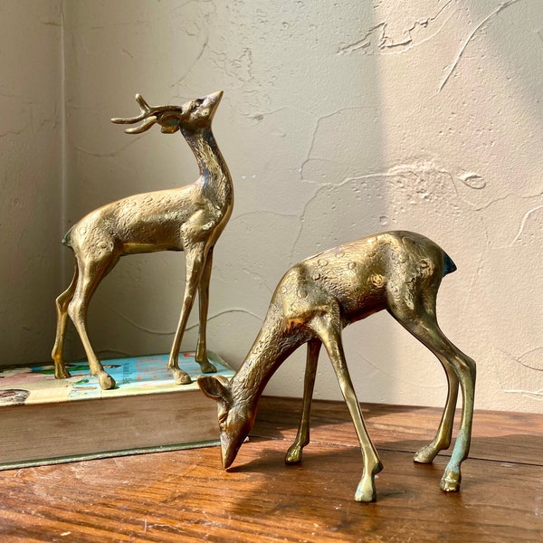 Solid Brass Deer Figurine Pair - Set of 2 - Vintage Brass Deer - Mid Century Sculpture - Buck with Long Neck - Doe with Curved Neck Decor