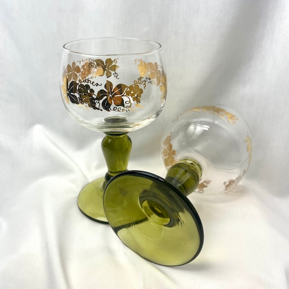 Vintage Roemer Green Stem German Wine Glasses Gold Cordial Etsy