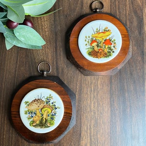 Vintage Mushroom Themed Wall Plaques - Retro 70's MCM - Set of 2 - Octagon Wooden Base with Round Ceramic Tiles - Wall Hanging