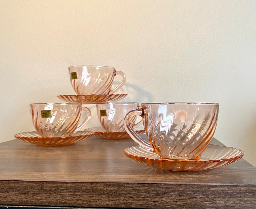 Vintage Arcoroc Rosaline Pink Swirl Blush Pink Tea Cup and Saucer Plate