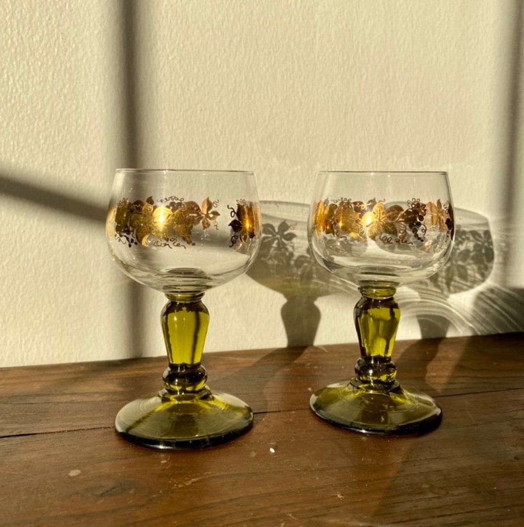 Vintage Roemer Green Stem German Wine Glasses Gold Cordial Stemmed Romer Glasses 1960s Set of 2