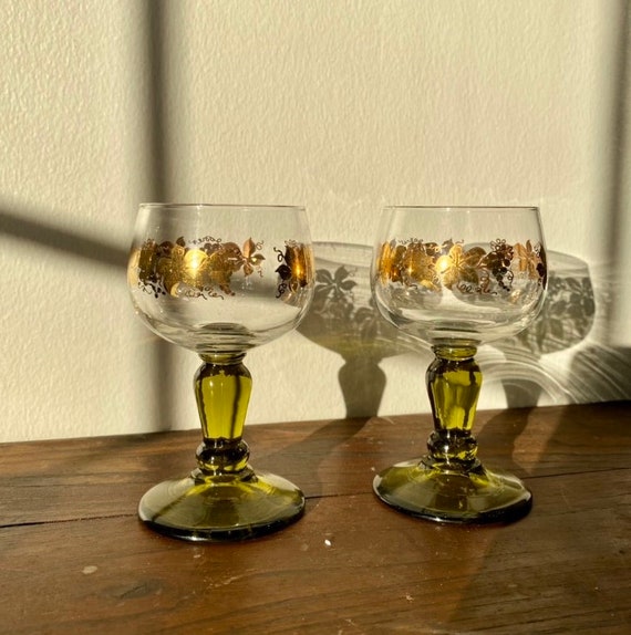 Vintage Roemer Green Stem German Wine Glasses Gold Cordial Etsy