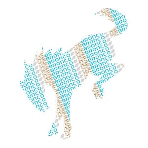 May include: A white silhouette of a horse with the words "UP BRONCO" repeated in blue and gold throughout the image.