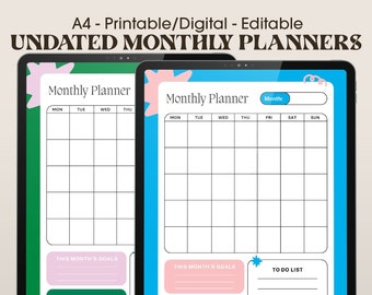 Kleurrijke speelse funky digitale afdrukbare maandelijkse ongedateerde planner, motivatieplanner