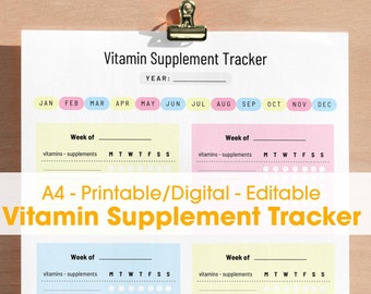 A4 Printable Digital Vitamin Supplement Pills Habit Tracker Checklist Planner Schedule, Monthly Vitamin Planner, Vitamin Reminder