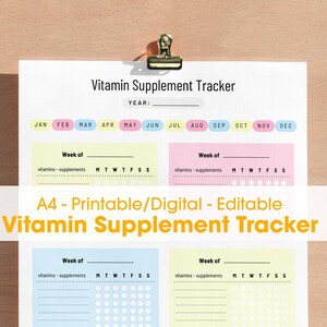 A4 Printable Digital Vitamin Supplement Pills Habit Tracker Checklist Planner Schedule, Monthly Vitamin Planner, Vitamin Reminder