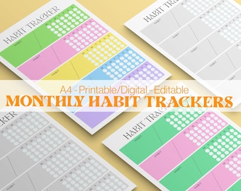 Monthly Habit Tracker Checklist Colorful Minimalist Digital Printable Habit Planner, Habit Goals, A4 Habit Checklist, Motivation Planner