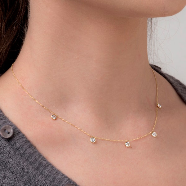 Solide Gold Simulierte Diamant Halskette 9K,14K, zierliche minimalistische Station Halskette, Geschenk für Sie, Layering Halskette.