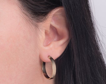 Big Flat Squared Circle Hoops K14 Solid Gold, Minimalist Hoops,Everyday Hoops, Gift For Her.
