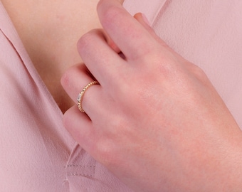 Baguette Gold Ring K9-K14-K18,Dainty Beaded Ring,Stakable Ring,Promise Ring,Gold Fine Jewelry