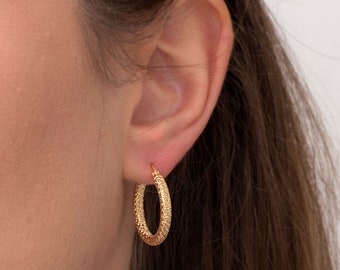 Diamond Textured Hoops,Round Minimalist Hoops,Everyday Hoops, Gift For Her.