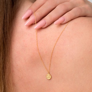 Op de afbeelding: Een goudkleurige ketting met een kleine, ronde hanger. De hanger heeft een gedetailleerd ontwerp met tekst. De ketting wordt om de nek van een persoon gedragen, met hun schouder en arm op de achtergrond.