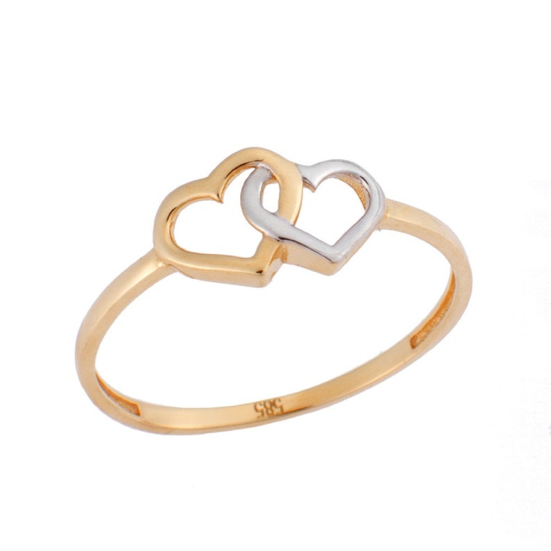 Solid Gold Double Heart Ring K9,K14,K18, Love Minimal Ring, Valentine's Gift For Her, Heart Jewelry.