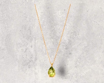 Solid Gold Peridot Teardrop Necklace, August Birthstone