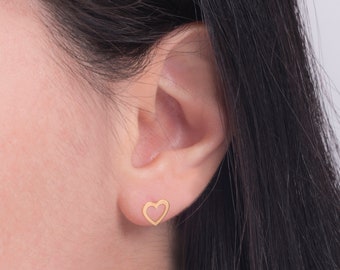 Romantic Valentine's Gift,Heart Frame Tiny Small Gold Earrings 9K,14K,18K,Minimalist Love Stud Earrings.