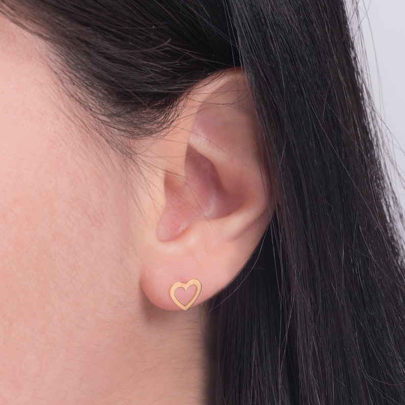 Romantic Valentine's Gift,Heart Frame Tiny Small Gold Earrings 9K,14K,18K,Minimalist Love Stud Earrings.