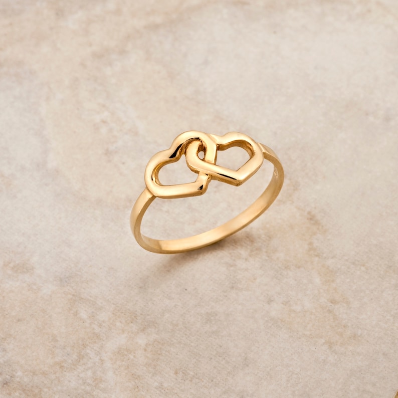 Solid Gold Double Heart Ring K9,K14,K18, Love Minimal Ring, Valentine's Gift For Her, Heart Jewelry.