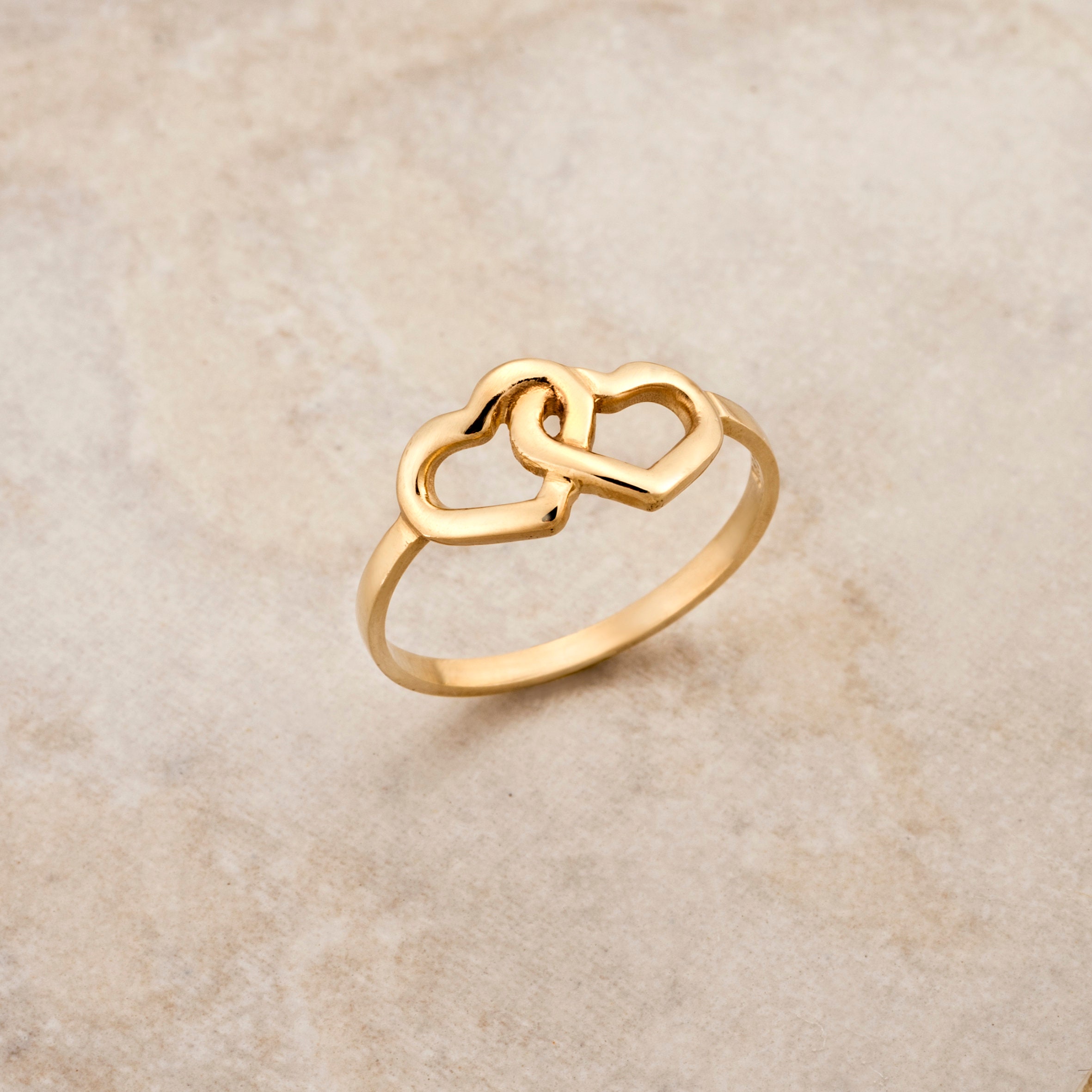 Solid Gold Double Heart Ring K9,K14,K18, Love Minimal Ring