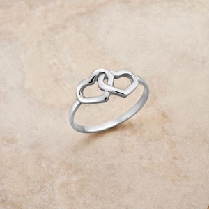 Solid Gold Double Heart Ring K9,K14,K18, Love Minimal Ring, Valentine's Gift For Her, Heart Jewelry.