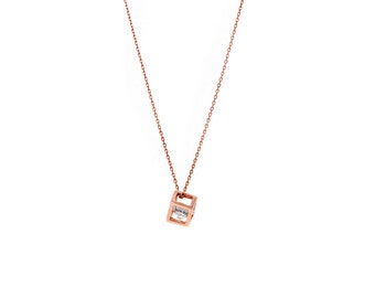 Gold Cube Simulated Diamond Necklace, Minimalist Geometric Jewelry