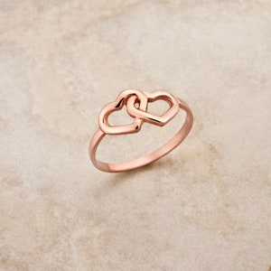 Solid Gold Double Heart Ring K9,K14,K18, Love Minimal Ring, Valentine's Gift For Her, Heart Jewelry.