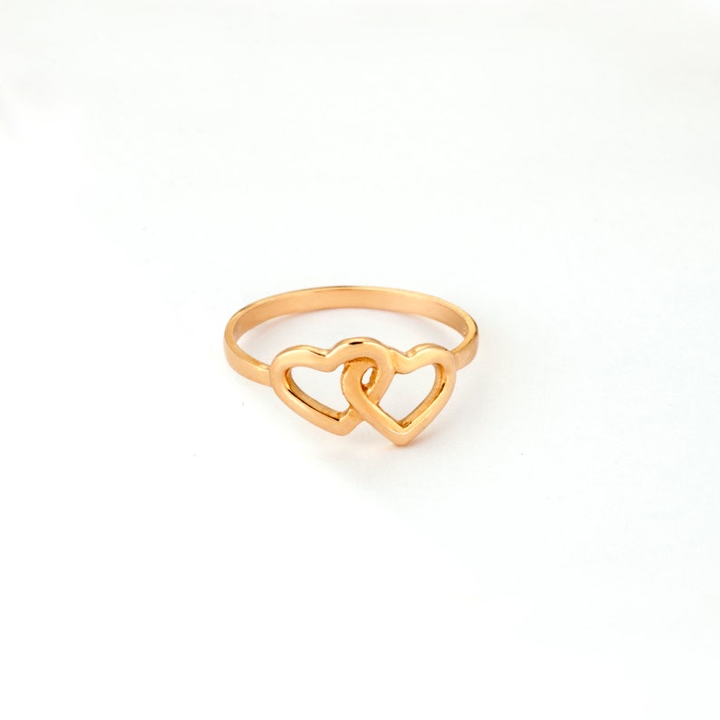 Solid Gold Double Heart Ring K9,K14,K18, Love Minimal Ring, Valentine's Gift For Her, Heart Jewelry.