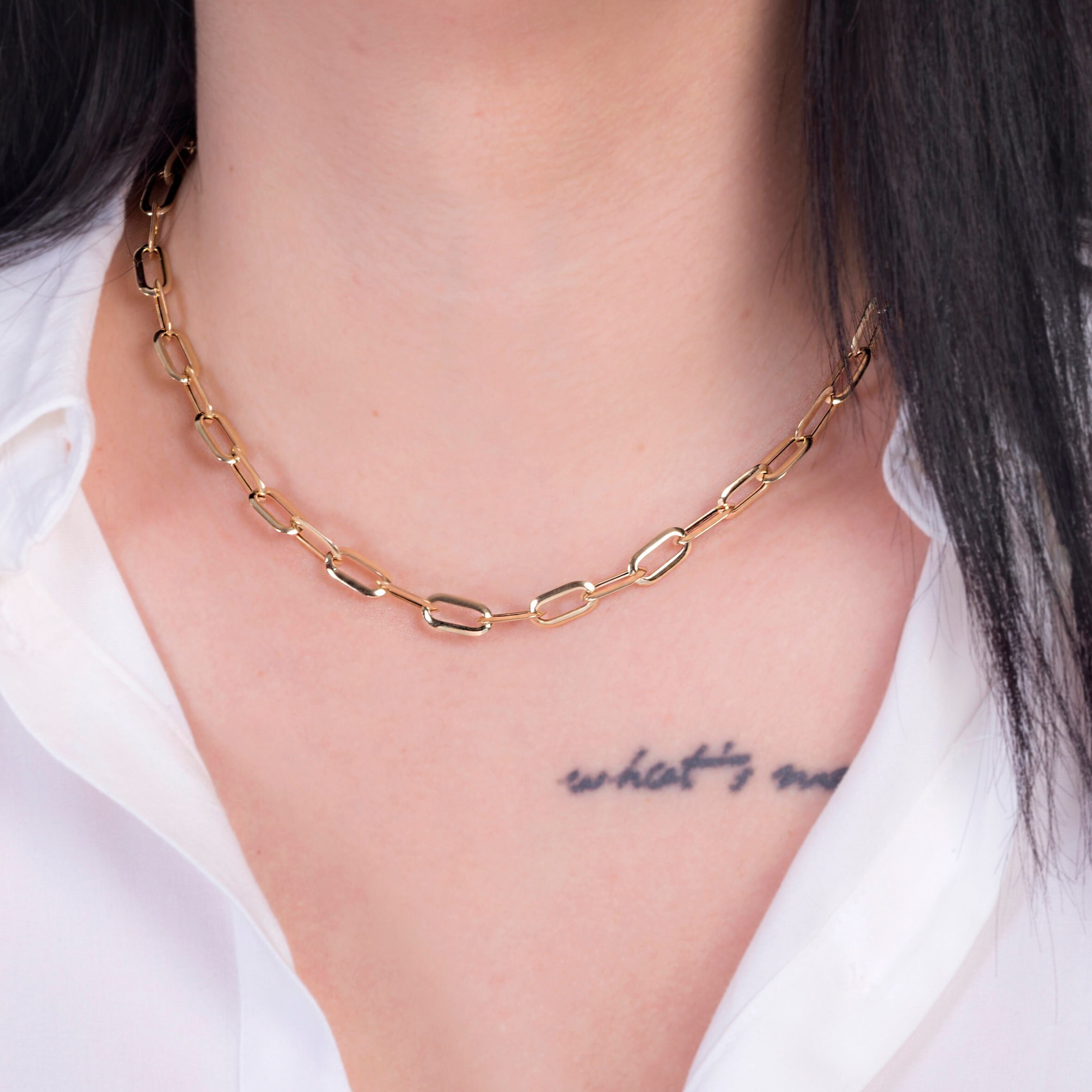 Elongated Link Necklace 14K Gold rectangle Paperclip Link Necklace