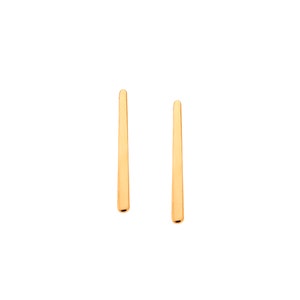 以下が含まれることがあります： 金色の細長いストレートのイヤリングのペア。イヤリングは長く、細いです