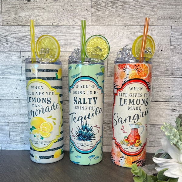 Lemonade / Tequila / Sangria Tumblers with Faux Lemon Lime Ice Topper Don't be salty / freshly squeezed Tumbler Cup Mug