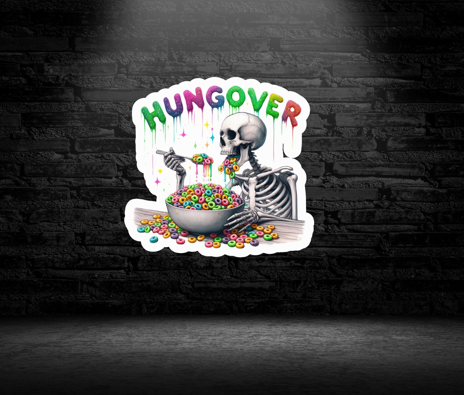 Skeleton Hunger Hungover Skeleton Eating Cereal Sticker / Holographic / 2
