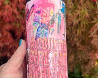Slim can cooler / stainless steel / skinny / pink country girl - keeps drinks cold