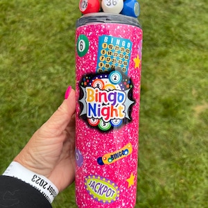 BINGO tumbler PERSONALIZE and optional bingo ball topper / pink / purple / red /aqua / 20 oz. Stainless Steel