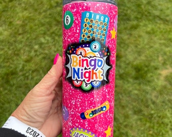 BINGO tumbler PERSONALIZE and optional bingo ball topper / pink / purple / red /aqua / 20 oz. Stainless Steel