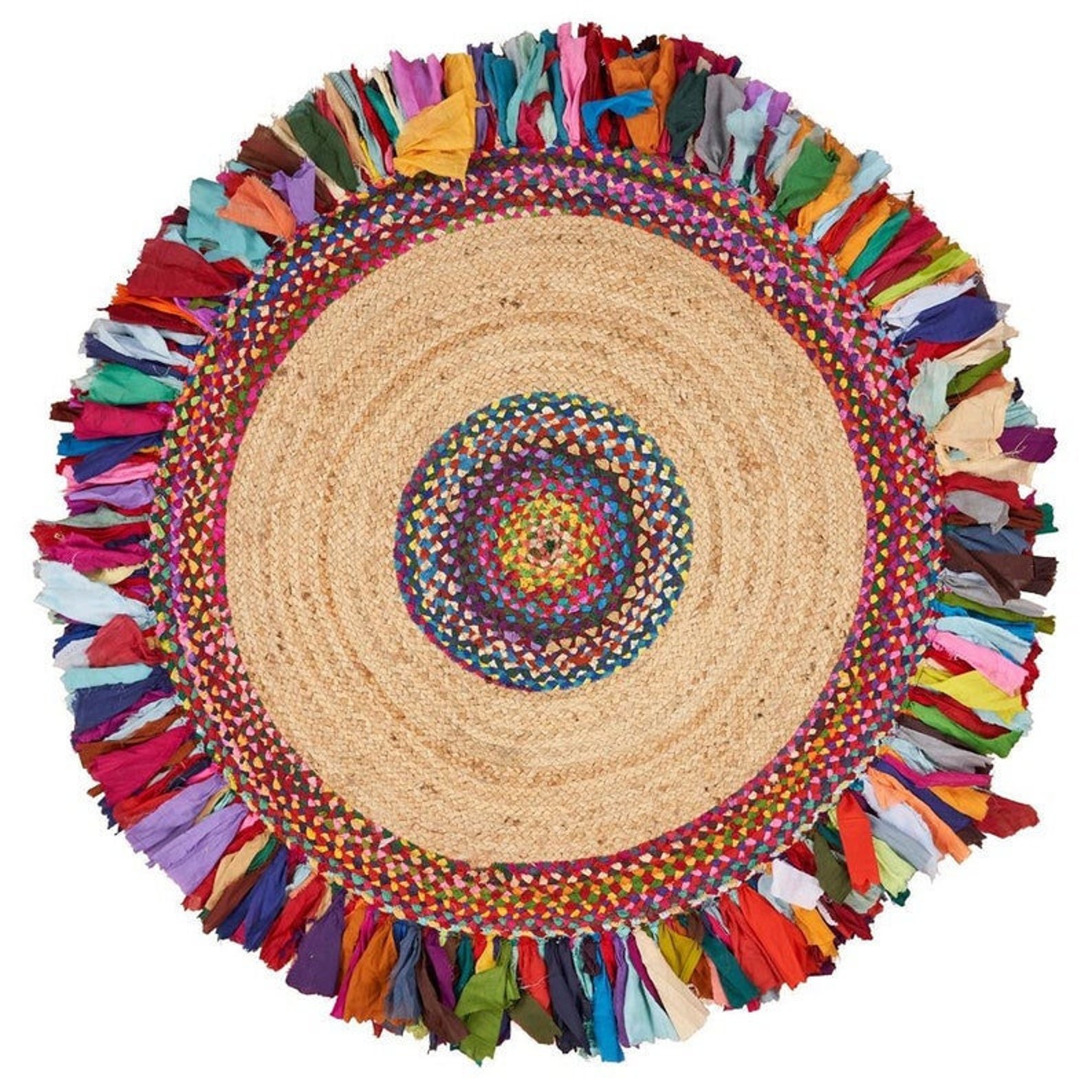 Multicolor Jute Chindi Frills Round Rugs With Indian Handmade Etsy