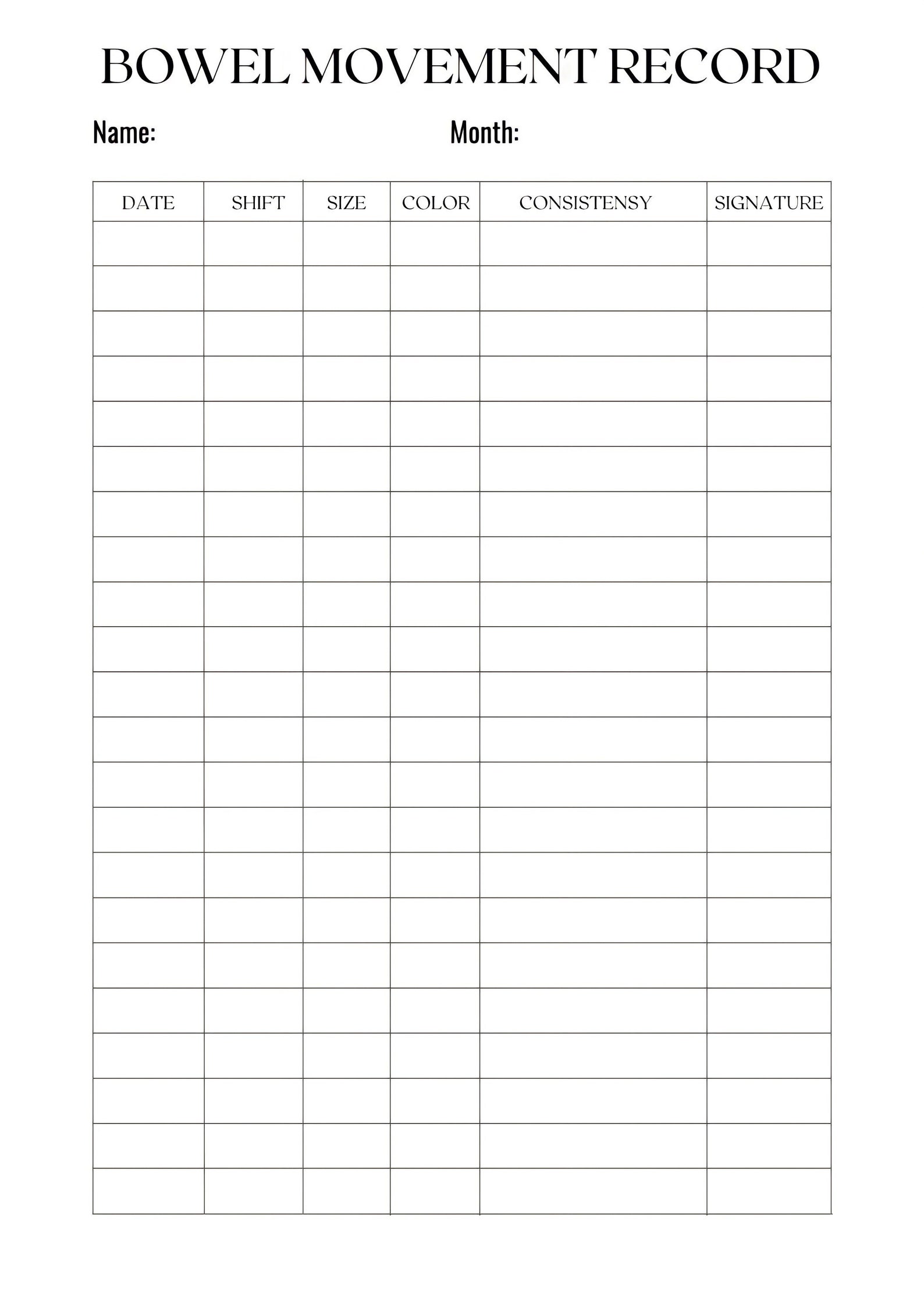 Printable Bowel Movement Record Printable Tracker Letter Etsy Ireland