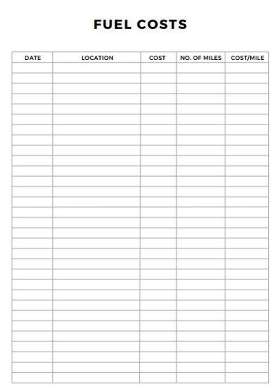 Printable Fuel Cost Log Digital Instant Download Printable Etsy