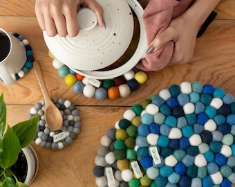 Grült Home trivets - Felt trivets for pots, pans, and cups hand-felted in Nepal, Heat resistant protects tables in kitchen, Christmas gift