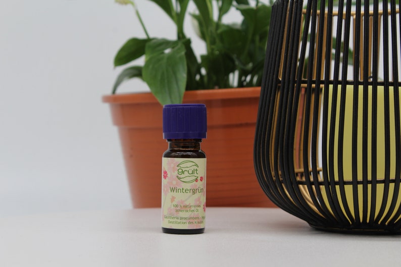 May include: A small, dark brown glass bottle with a purple cap. The bottle is labeled "Wintergr&uuml;n" and "100% naturreines &auml;therisches &Ouml;l".