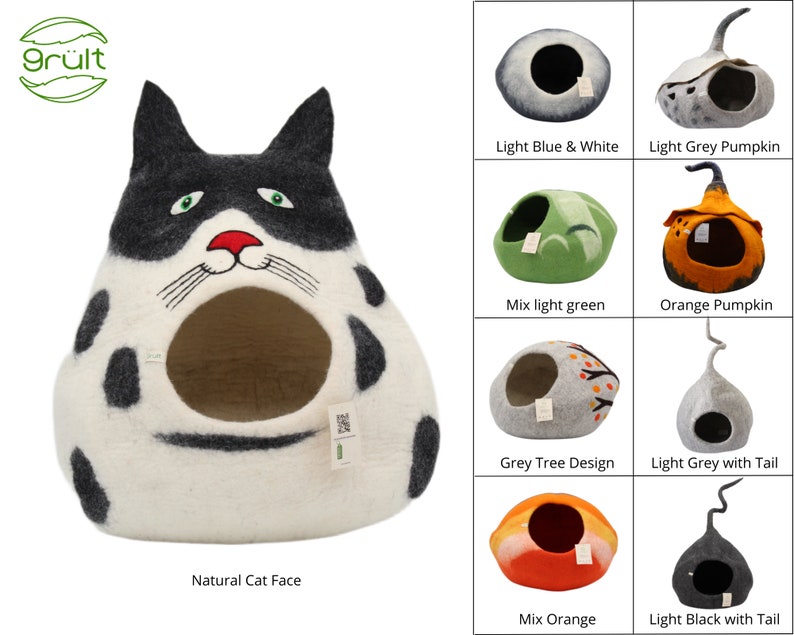 Może przedstawiać: Kolekcja filcowych legowisk dla kot&oacute;w w r&oacute;żnych kolorach i wzorach, w tym naturalna twarz kota, jasnoniebieski i biały, jasnoszary dynia, mieszany jasnozielony, pomarańczowa dynia, szary wz&oacute;r drzewa, jasnoszary z ogonem, mieszany pomarańczowy i jasny czarny z ogonem.