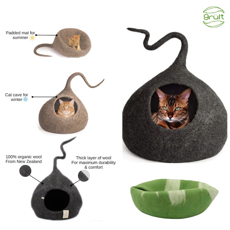 Może przedstawiać: Trzy r&oacute;żne style legowisk dla kot&oacute;w wykonanych ze 100% organicznej wełny z Nowej Zelandii. Legowiska są jasnobrązowe, ciemnoszare i zielone. Widoczny jest tekst "Wyściełana mata na lato", "Jaskinia dla kota na zimę", "100% organiczna wełna z Nowej Zelandii", "Gruba warstwa wełny dla maksymalnej trwałości i komfortu" oraz "gr&uuml;lt".