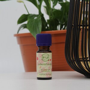 May include: A small brown glass bottle with a purple cap. The bottle is labeled "Gr&uuml;t Lebensfreude 100% nat&uuml;rliche &auml;therische &Ouml;le Grapefruit, Ho-Wood".