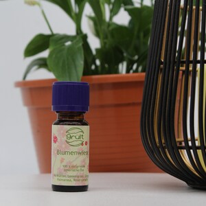 May include: A small, dark brown glass bottle with a purple lid. The bottle is labeled "gr&uuml;t" and "Blumenwiese". The label also says "100% nat&uuml;rliche &auml;therische &Ouml;le".