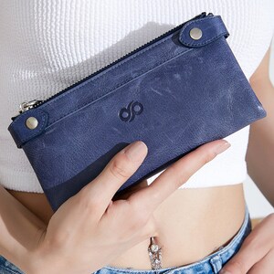 Cartera de piel con tarjetero y soporte para teléfono, color azul marino, con cremallera, corte especial y cosido, para hombre y mujer